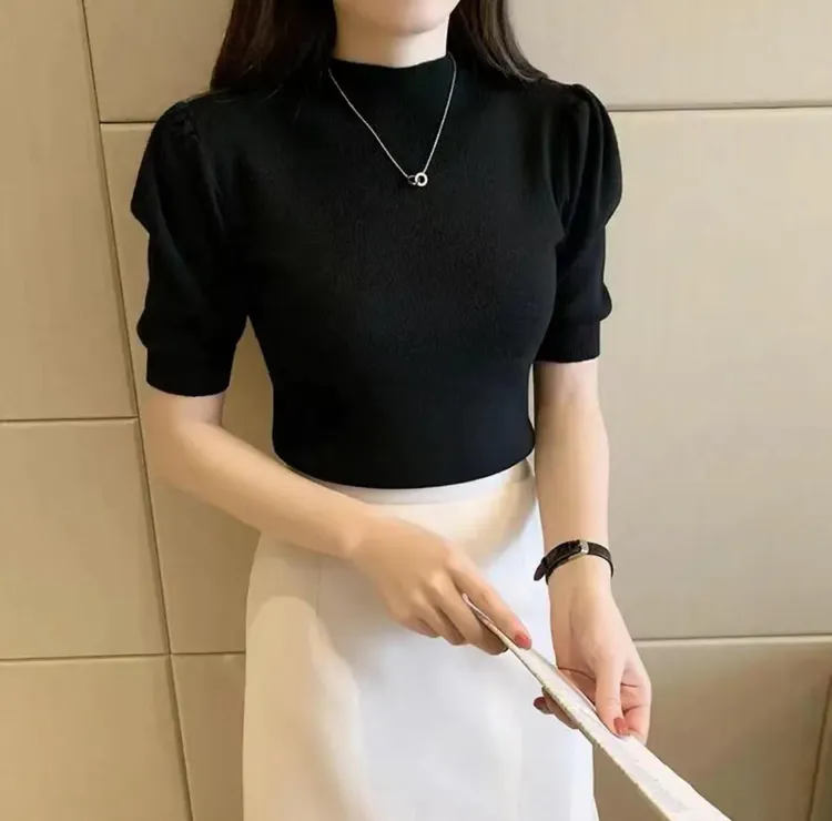 春款弹力针织上衣灯笼袖打底衫百搭显瘦洋气时尚修身半高领纯色