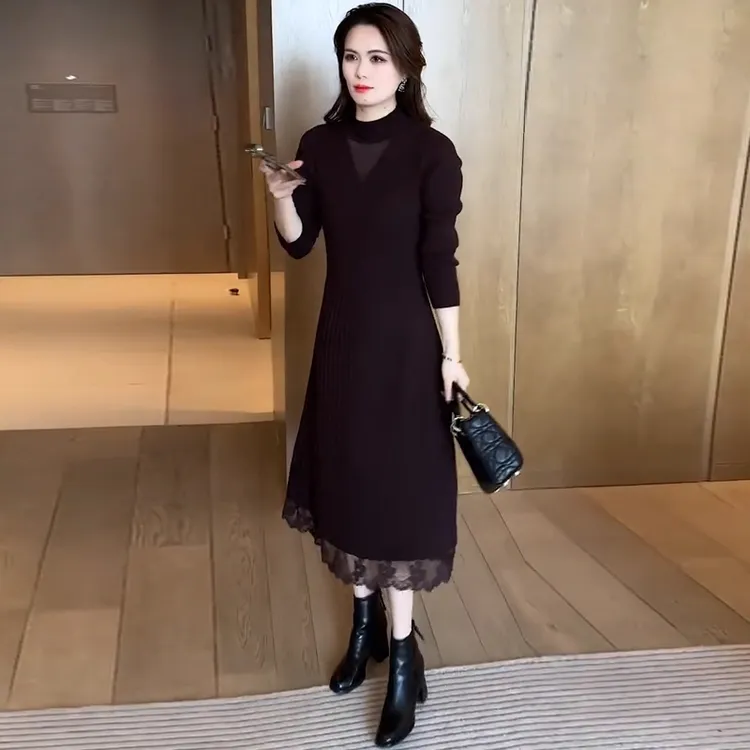 拉夏贝尔高级感时尚内搭雪纺裙女2025春秋新款洋气显瘦百搭中长裙