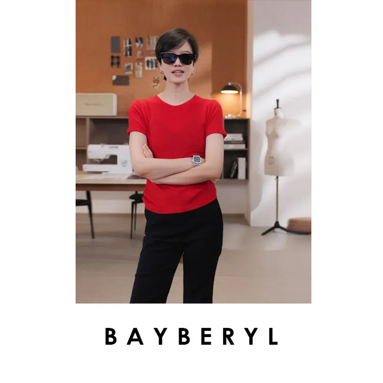 BAYBERYL老贝十字T*超细羊毛圆领短袖修身针织衫9ZZS5I1824-9/20