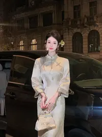 【雅乔定制】书禾 提花缎面七分袖新中式国风旗袍裙DYLL-24096507