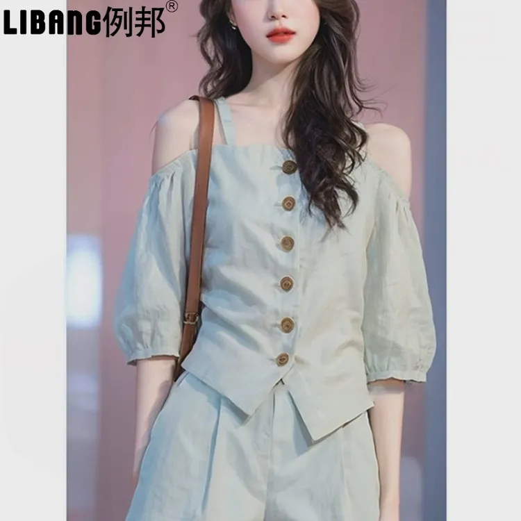 2025新款搭配夏装时尚一整套韩系独特绝美一字肩上衣短裤纯色套装