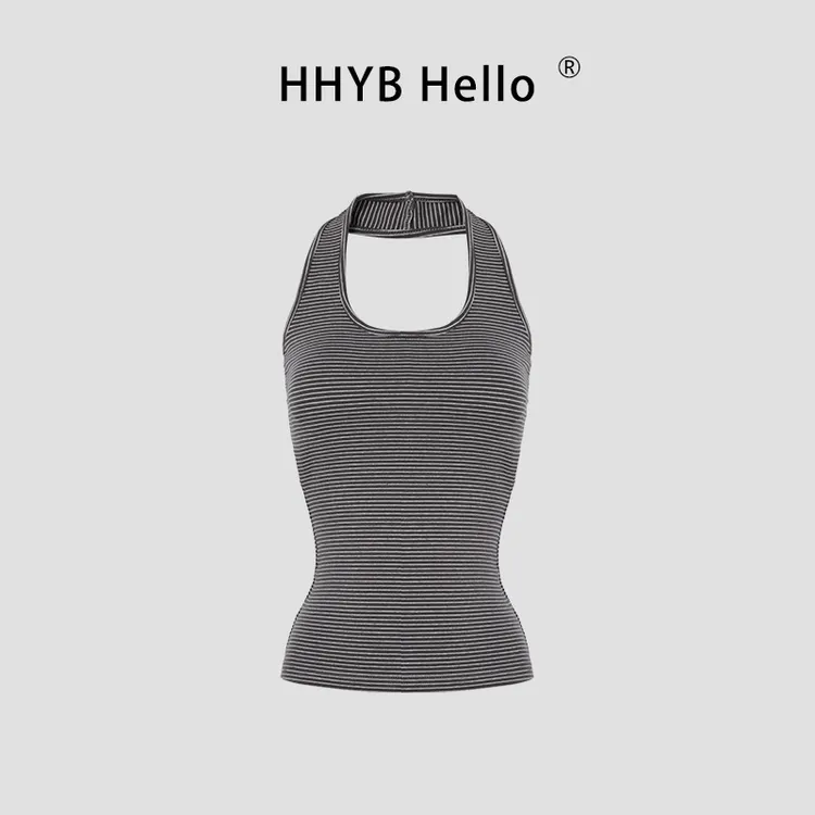 HHYB Hello2025新款带胸垫U领挂脖细条纹修身显瘦吊带背心253110
