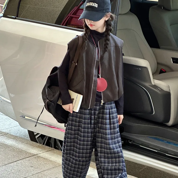 女童秋季皮衣马甲套装2025新款女大童时髦洋气儿童秋装休闲三件套