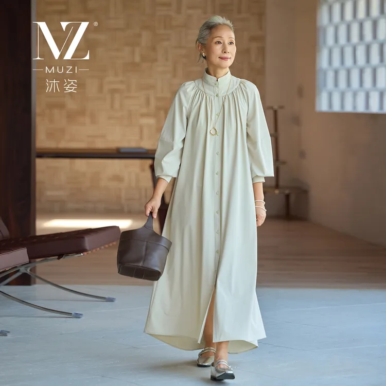 沐姿中年妈妈女装秋季中长款长袖连衣裙洋气薄款衬衫长裙子