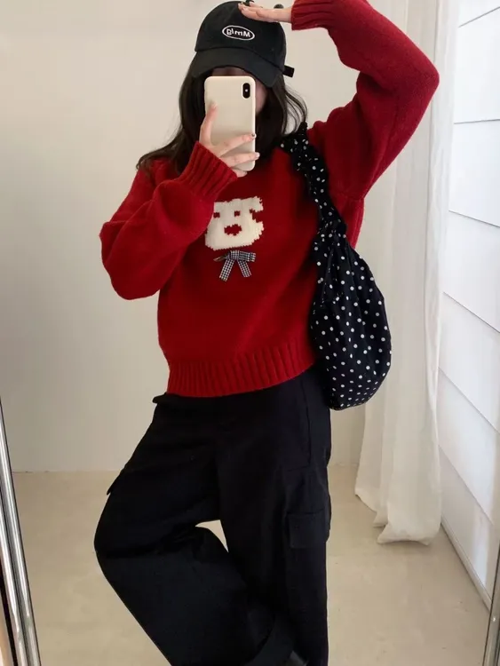 慵懒风提花套头卡通蝴蝶结小狗毛衣女秋冬韩系宽松加厚打底针织衫