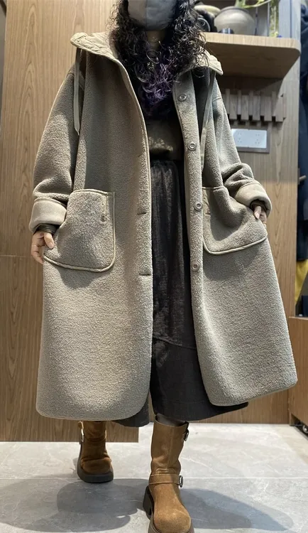 外贸皮毛一体连帽大外套女长款过膝秋冬季加厚显瘦保暖羊羔绒大衣