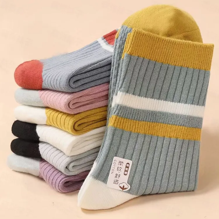 诸暨袜子女士条纹ins袜子纯棉100%全棉防臭透气吸汗不臭脚秋冬款