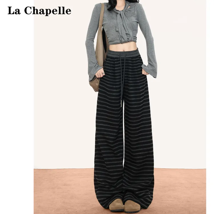 拉夏贝尔韩系慵懒风黑色条纹休闲裤女2025秋冬松紧腰显瘦阔腿长裤