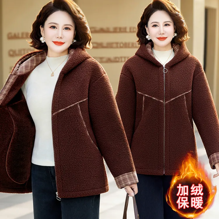 妈妈时尚中老年女秋冬装羊羔绒加厚加绒毛呢外套保暖棉颗粒绒外套