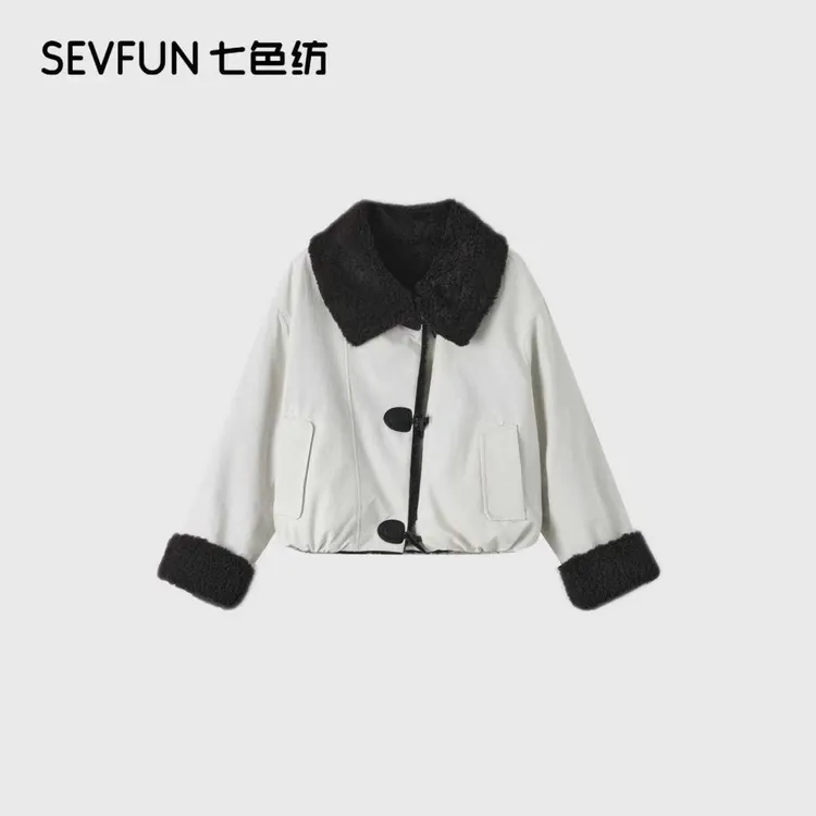 七色纺翻领休闲风短外套加绒女装设计师女士冬季外套QSF-1114