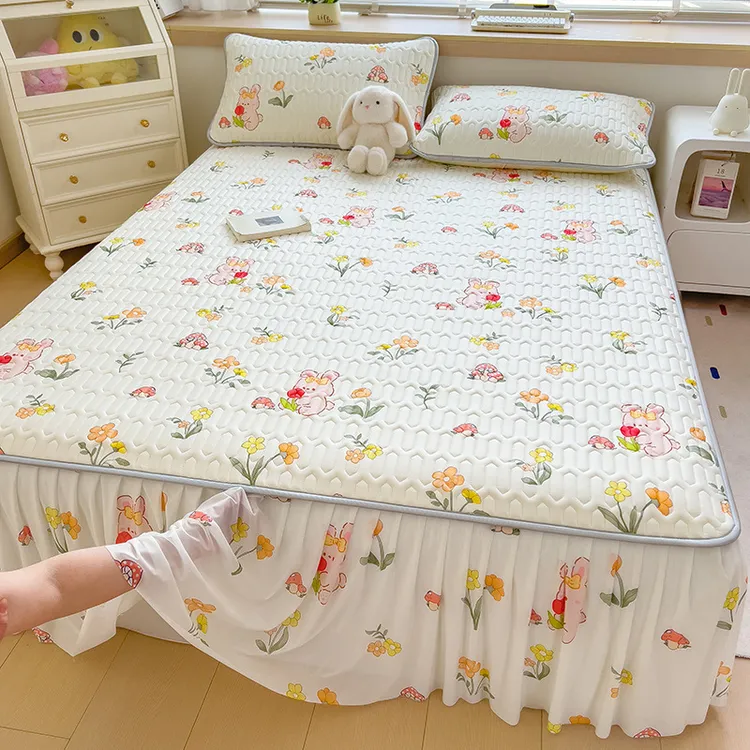 凉感丝乳胶凉席印花亲肤可裸睡冰丝席夏天可折叠防滑空调席三件套