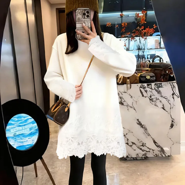 优质加绒白色打底衫女内搭中长新款秋冬拼接遮屁股长袖T恤上衣潮