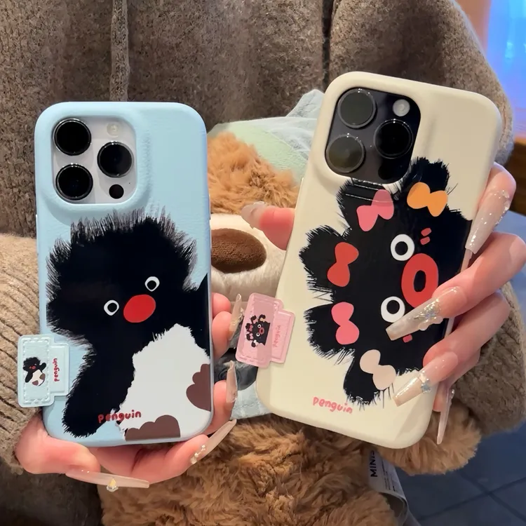  可爱搞怪炸毛企鹅标签适用iPhone17手机壳苹果16华为vivoppo小米