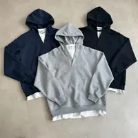 秋冬加绒V领假两件连帽卫衣男女休闲百搭纯色上衣秋冬套头外套