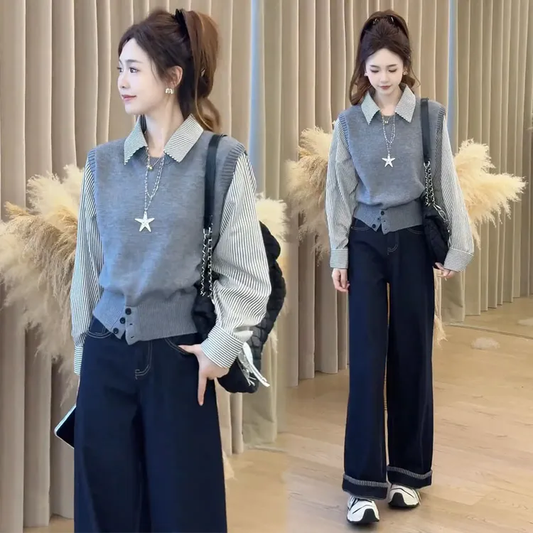 拉夏贝尔针织衫2025秋季新款假两件条纹衬衫拼接法式长袖上衣