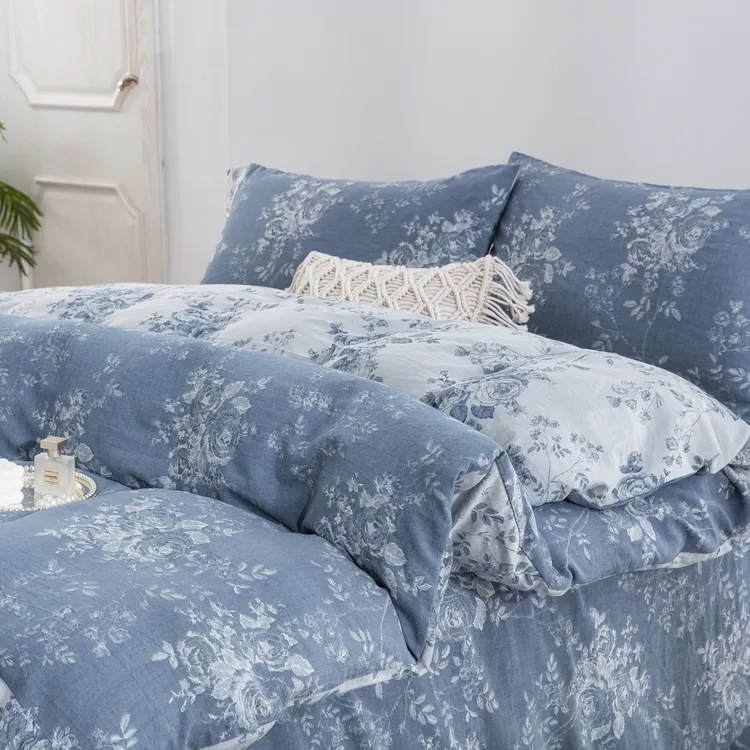 【玫瑰庄园】80提花纽扣色织提花亲肤透气双层纱高质量四件套被套