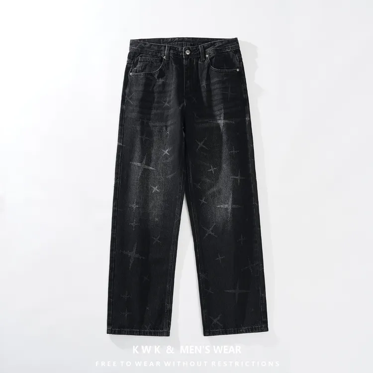 巴黎风美式男长裤水洗复古潮流牛仔裤 ins高街刮烂钩花休闲直筒裤