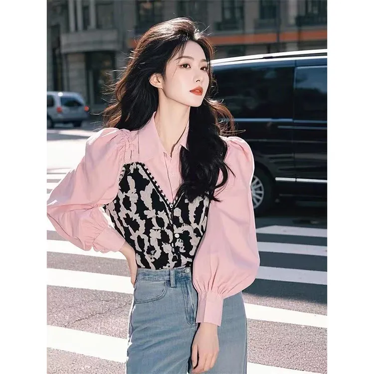 高级感粉色拼接假两件长袖衬衫女春季2025新款别致超好看漂亮上衣
