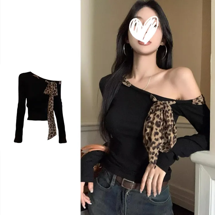 梦优莱美式辣妹风豹纹蝴蝶结斜领长袖T恤女秋季修身显瘦独特漂亮
