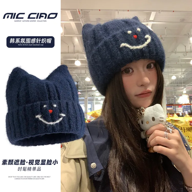 帽子女可爱猫耳毛线帽2025新款大头围针织帽秋冬保暖护耳套头帽潮