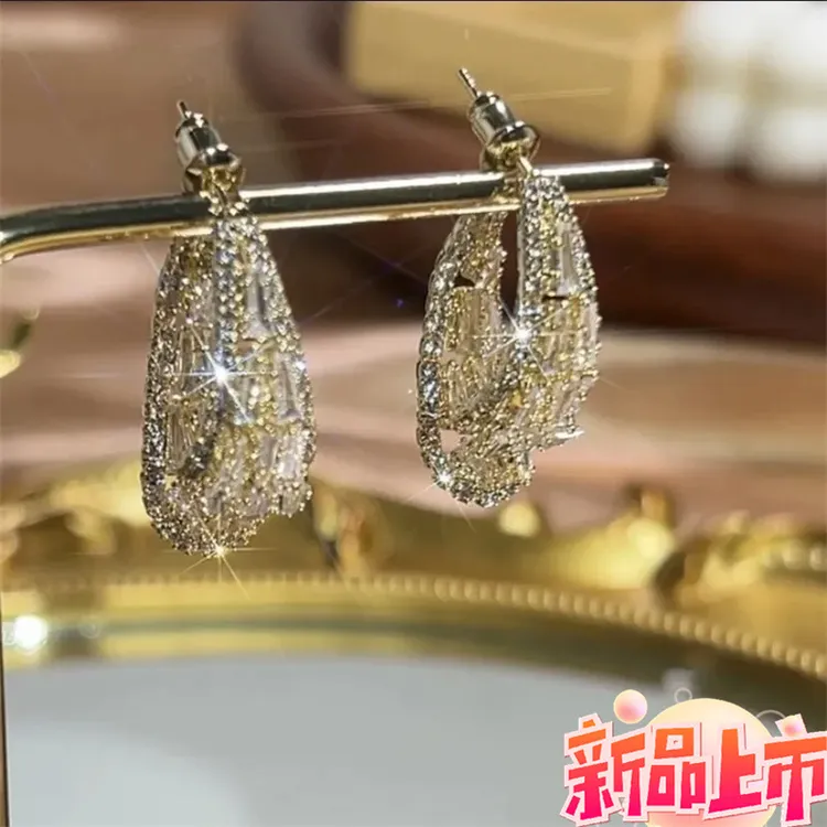 合金锆石耳饰 2024奢华锆石前后式交叉弧形水滴耳环女高级精致百
