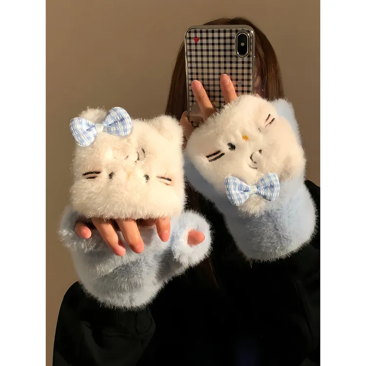可爱蓝色kitty猫毛绒翻盖手套女冬季御寒保暖骑车露指半指可触屏