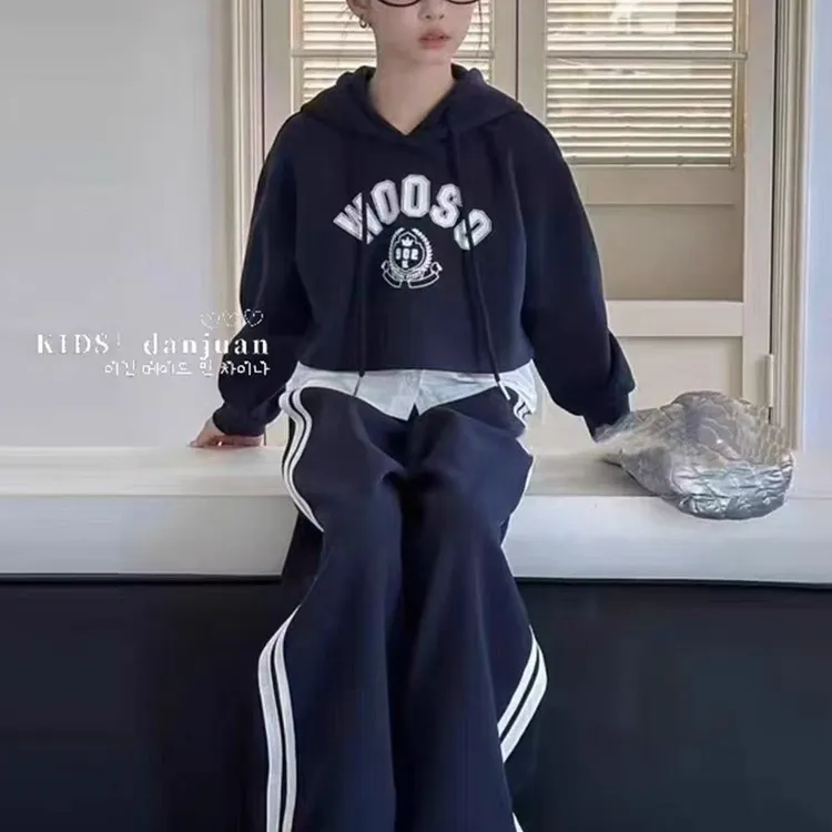 休闲韩版春秋秋季女常规款套装带帽女童加绒帽衫针织