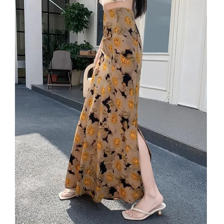 浪漫显瘦女款雪纺新款包臀鱼尾侧开叉法式长裙碎花春夏