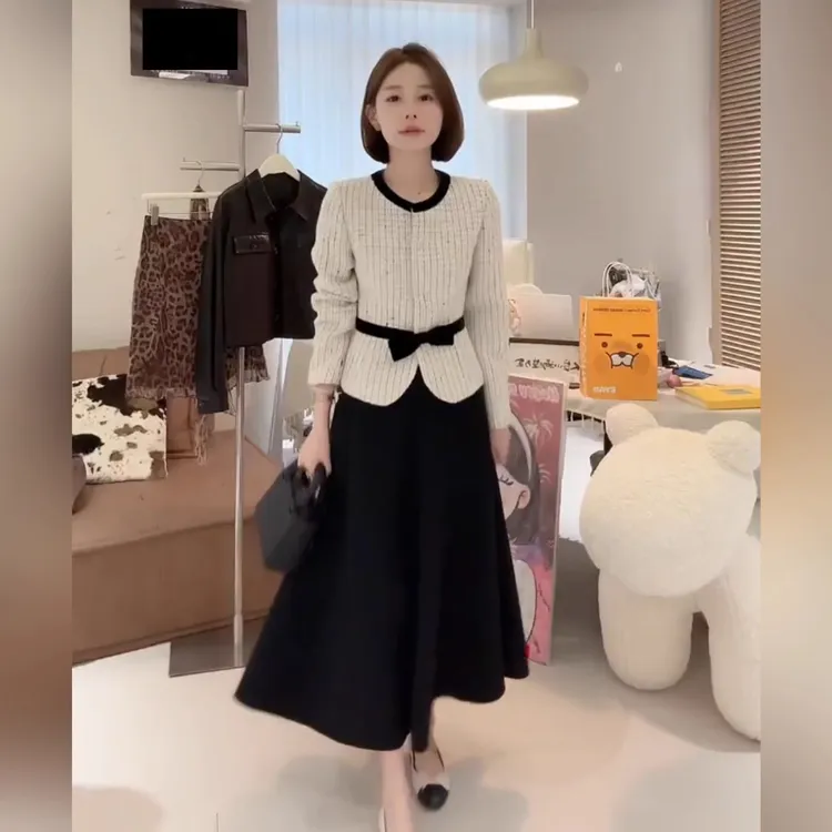 大码韩系名媛小香风气质长袖外套秋季女胖mm千金风时尚短开衫套装