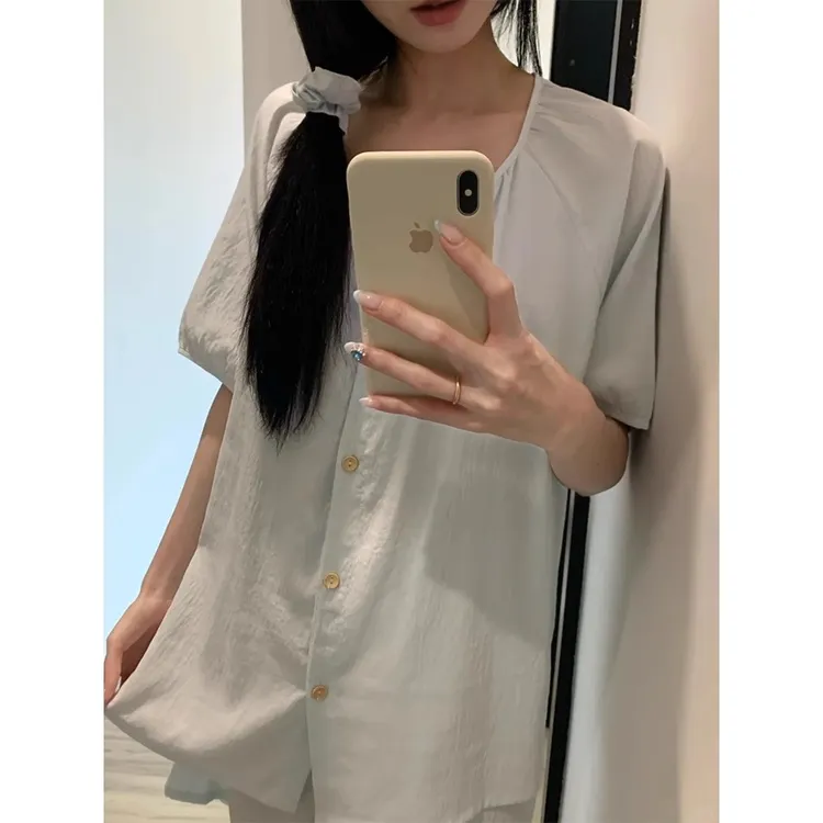 韩系少女简约纯色慵懒风短袖睡衣女夏季2025年新款家居服短裤套装
