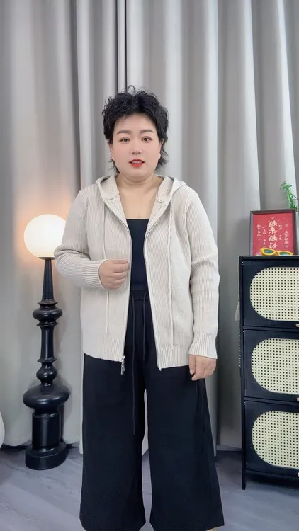 大码新款2025时尚百搭连帽双拉链开衫韩版宽松慵懒毛衣女外套