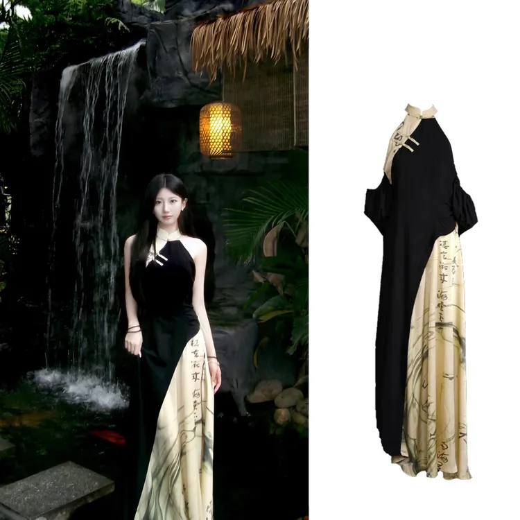 （热巴美学）新中式国风！清冷感！矜贵复古旗袍显瘦拼色连衣裙L6205#