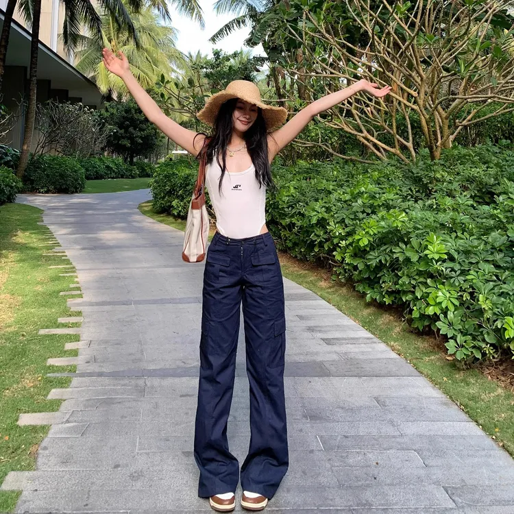 NORNLGGER美式复古多口袋工装裤女2025夏新款低腰休闲宽松直筒裤