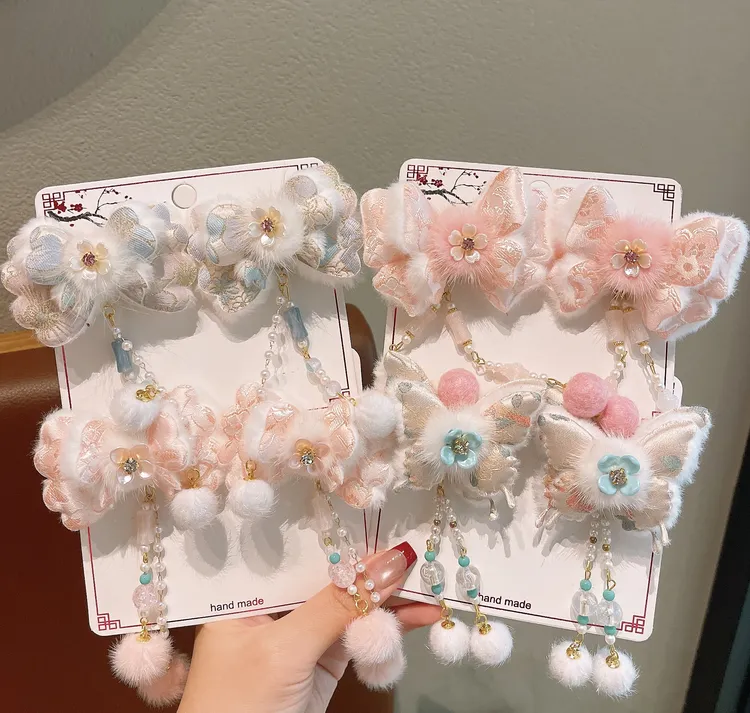 新年款女童发夹古风流苏对夹头饰明制儿童汉服发夹毛球蝴蝶结发饰