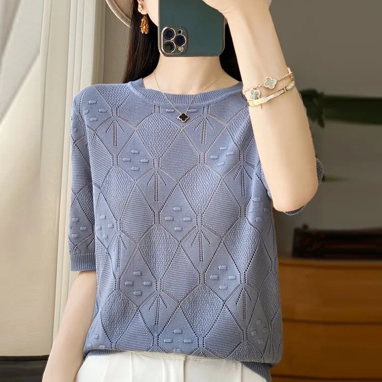 夏季新款提花天丝镂空针织衫圆领T恤宽松纯色显瘦时尚百搭短袖