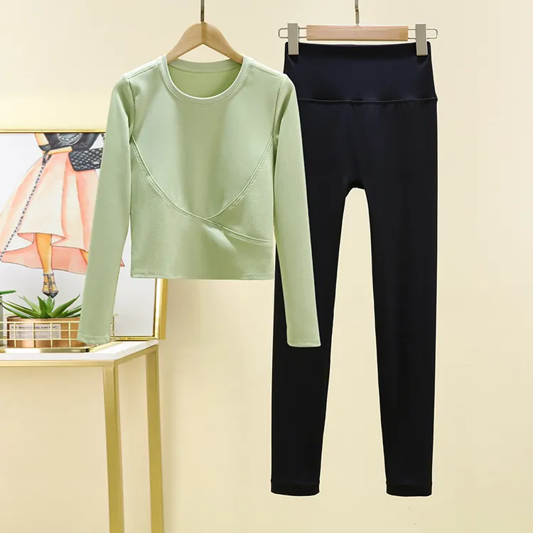 秋冬瑜伽服女套装打底衫普拉提跑步健身服短款运动长袖不带胸垫