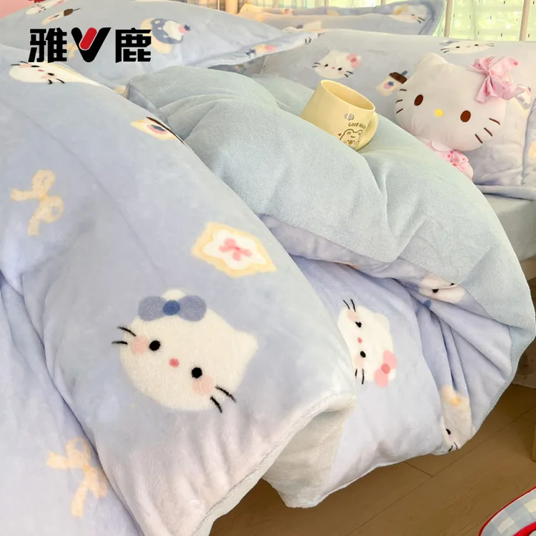 牛奶绒印花四件套双面绒加厚珊瑚绒单双人床单被套三件套床上用品