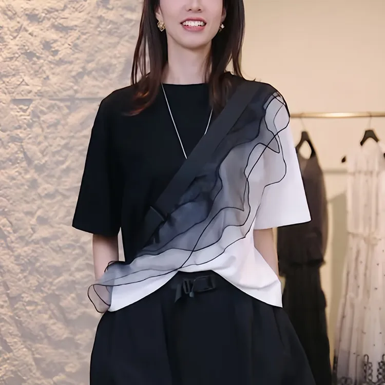 显瘦气质绝美别致上衣夏季胖mm大码女装蕾丝花边拼接正肩短袖T恤