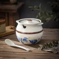 家用陶瓷餐具美二烧釉下彩吉祥福禄猪油罐1400ml（1套装）配勺子