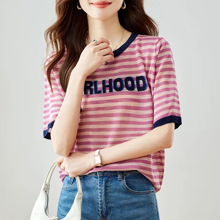 潮牌 撞色条纹短袖T恤女2025夏季新款字母印花圆领减龄少女感上衣