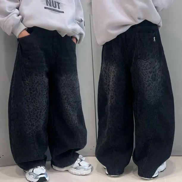 【秋冬加绒】儿童牛仔裤加厚中大童豹纹时髦痞帅宽松男女童休闲裤子