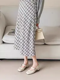 褶皱方头粗跟浅口单鞋女2025春季新款时尚一字扣带玛丽珍 715-6