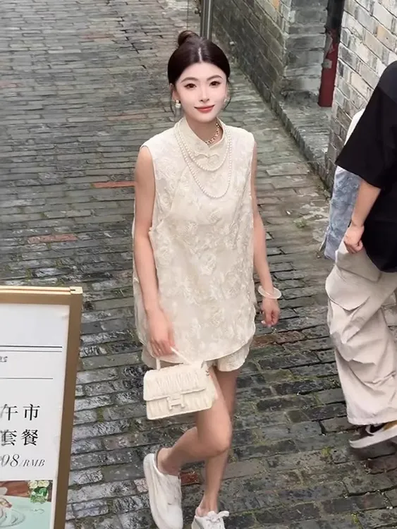新中式国风时尚套装2025夏季新款高级感无袖上衣高腰短裤两件套女