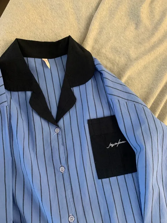 【新款】超显白蓝色条纹睡衣女春秋季少女学生长袖长裤家居服套装