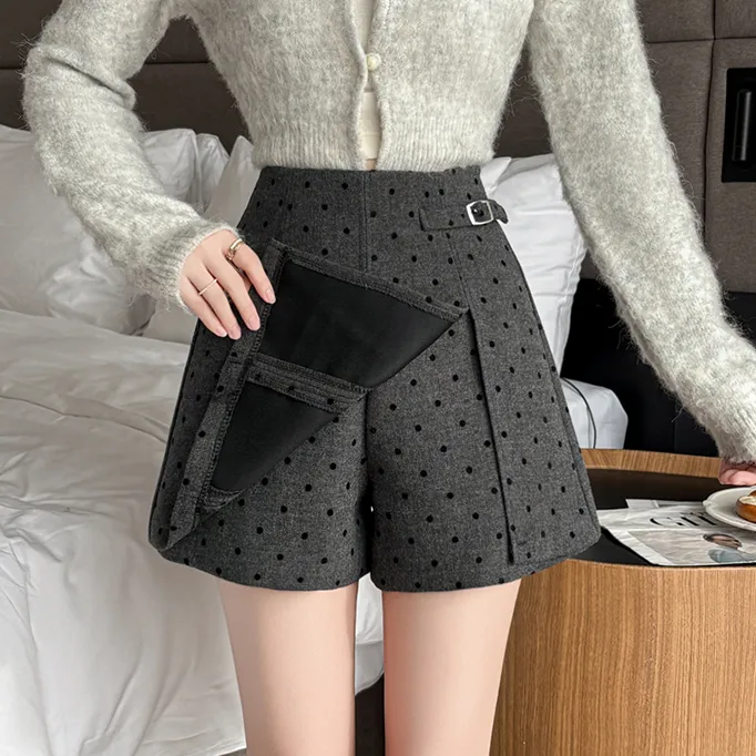 波点毛呢短裙裤女秋冬2025新款小个子高腰显瘦休闲百搭a字半身裙
