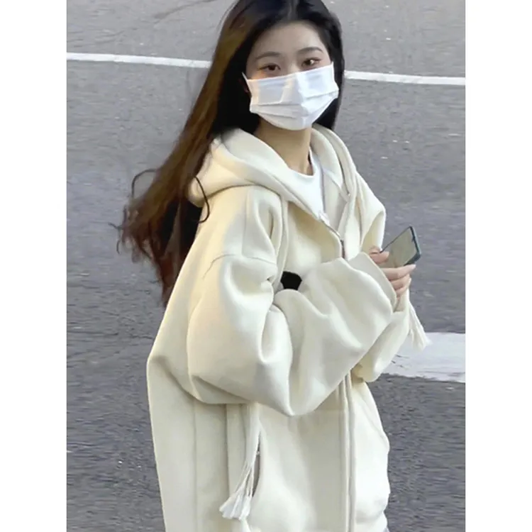 奶杏色连帽卫衣女秋冬韩版慵懒风宽松加绒加厚中长款学生拉链外套