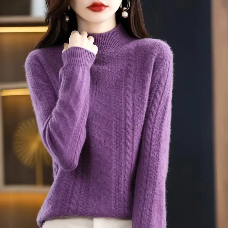 新款秋冬加厚半高毛衫女宽松加厚打底衫针织长袖宽松纯色