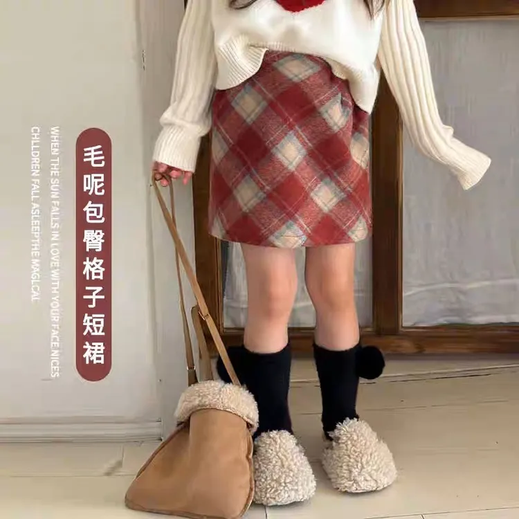女童毛呢包臀红格纹短裙25冬季儿童加绒加厚半裙宝宝新年圣诞衣服