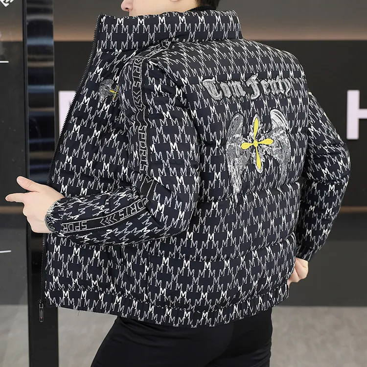 欧洲站冬季新款男士潮流时尚帅气百搭刺绣棉衣外套立领棉服男装