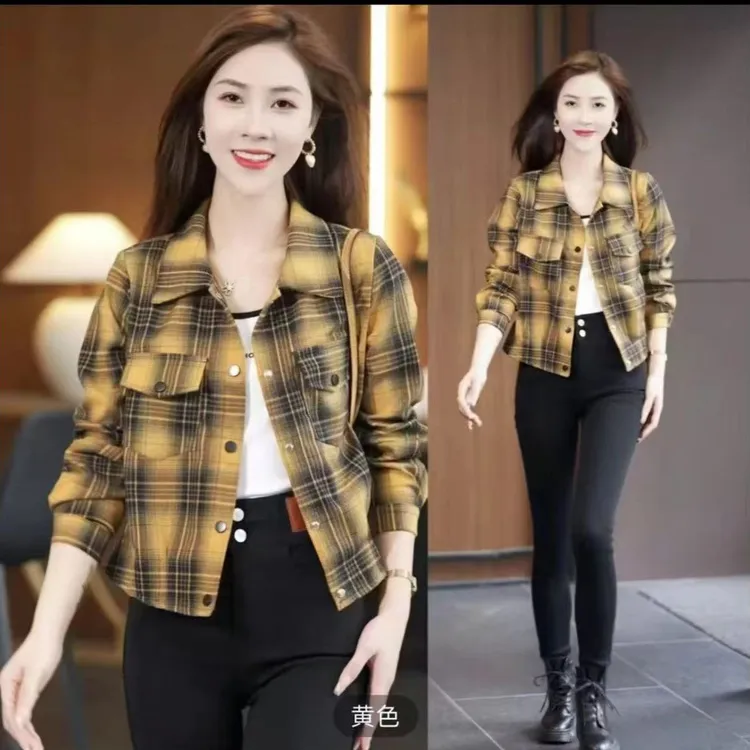 长袖简约格子短外套女2025早春新款宽松气质短款格子衬衫休闲